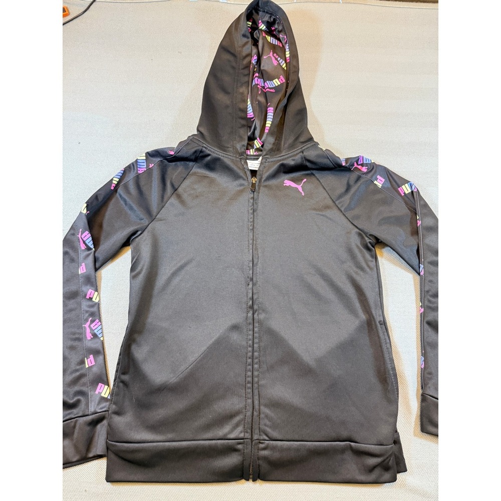 Puma Girl Black Full Zip Hoodie Track Jacket Logo Tape Sleeves Size L 12-14